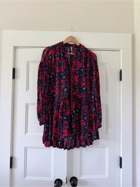 READ Free People Red Cheetah Leopard Sheer Long Sleeve Peasant Tunic Tie XS
